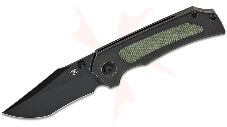 Kansept Knives Fermi Folding Knife 3.11 inch CPM-20CV Black Recurve Harpoon Point Blade, Black Stonewashed Titanium Handles with Green Micarta Inlays