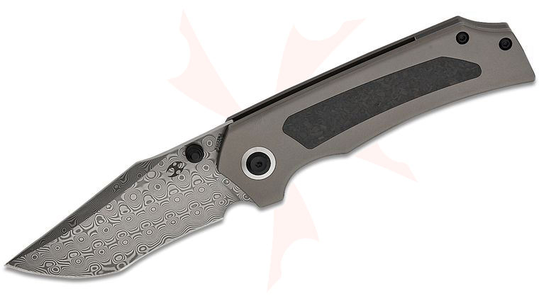 Kansept Knives Fermi Folding Knife 3.11 inch Damascus Recurve Harpoon Point Blade, Titanium Handles with Dark Matter Glow FatCarbon Inlays