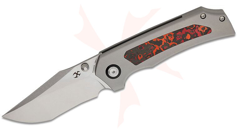 Kansept Knives Fermi Folding Knife 3.11 inch CPM-20CV Stonewashed Recurve Harpoon Point Blade, Titanium Handles with Mars Valley FatCarbon Inlays