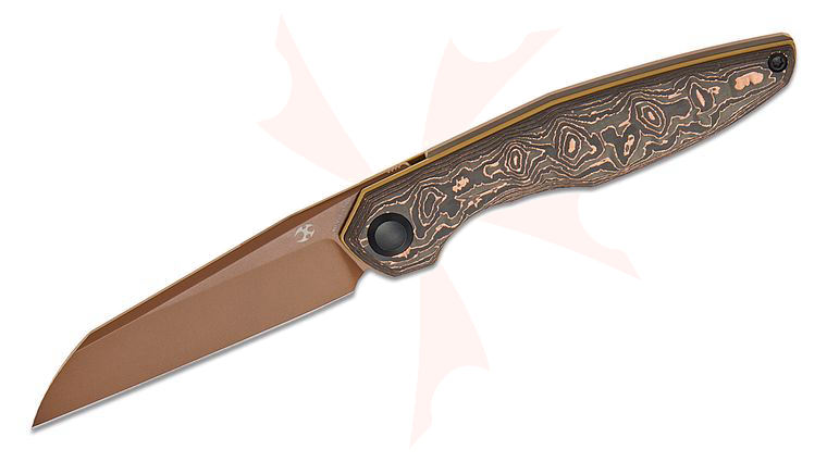 Kansept Knives James Arnold Halide Liner Lock Flipper Knife 3.2 inch S35VN Rose Gold Reverse Tanto Blade, Copper Carbon Fiber Handles