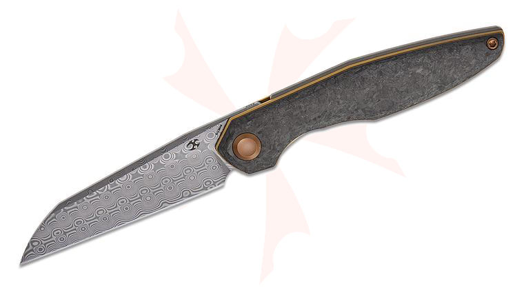 Kansept Knives James Arnold Halide Liner Lock Flipper Knife 3.2 inch Damascus Reverse Tanto Blade, Shred Carbon Fiber Handles