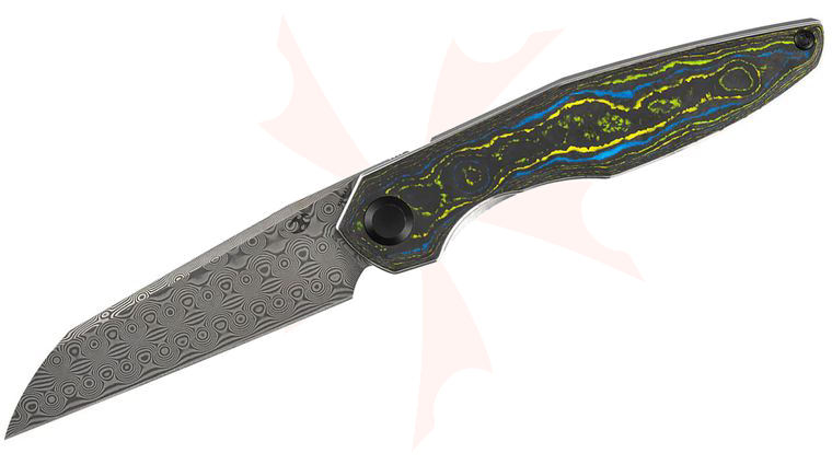 Kansept Knives James Arnold Halide Liner Lock Flipper Knife 3.2 inch Damascus Reverse Tanto Blade, Gecko CamoCarbon Handles