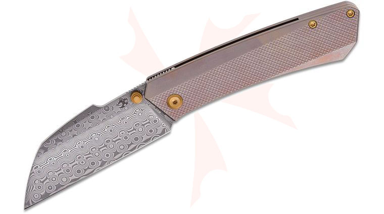 Kansept Knives Contra Front Flipper Knife 3.25 inch Damascus Sheepsfoot Blade, Diamond Patterned Bronze Anodized Titanium Handles
