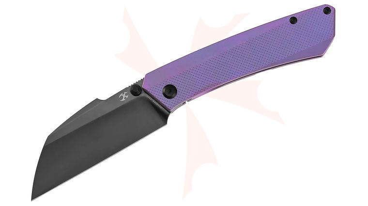 Kansept Knives Contra Front Flipper Knife 3.25 inch S90V Mirror Black DLC Sheepsfoot Blade, Diamond Patterned Purple Anodized Titanium Handles