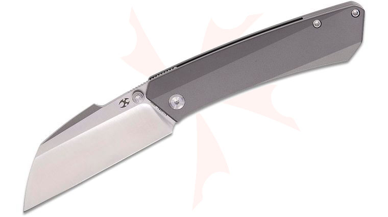 Kansept Knives Contra Front Flipper Knife 3.25 inch S90V Satin Sheepsfoot Blade, Gray Anodized Titanium Handles