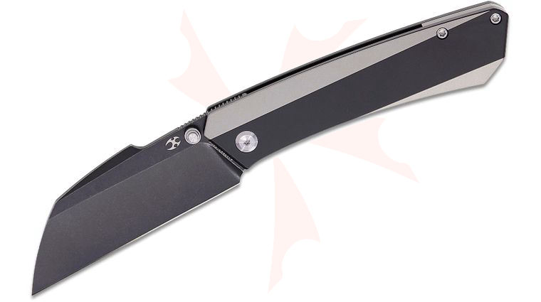 Kansept Knives Contra Front Flipper Knife 3.25 inch S90V Black Stonewashed Sheepsfoot Blade, Black and Plain Anodized Titanium Handles