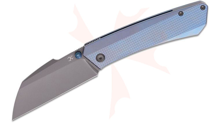 Kansept Knives Contra Front Flipper Knife 3.25 inch S90V Gray TiCn Coated Sheepsfoot Blade, Diamond Patterned Blue Anodized Titanium Handles