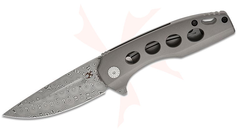 Kansept Knives Cassowary Frame Lock Flipper Knife 2.9 inch Damascus Drop Point Blade, Gray Titanium Handles