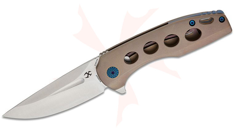 Kansept Knives Cassowary Frame Lock Flipper Knife 2.9 inch S35VN Satin Drop Point Blade, Bronze Titanium Handles