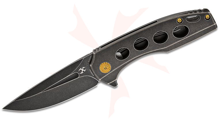 Kansept Knives Cassowary Frame Lock Flipper Knife 2.9 inch S35VN Black Stonewashed Drop Point Blade, Black Stonewashed Titanium Handles