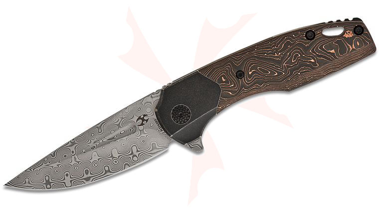 Kansept Knives Cassowary Frame Lock Flipper Knife 2.9 inch Damascus Drop Point Blade, Bolstered Black Titanium Handles with Copper Carbon Fiber Inlays