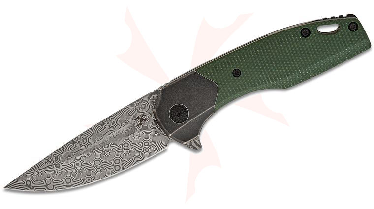 Kansept Knives Cassowary Frame Lock Flipper Knife 2.9 inch Damascus Drop Point Blade, Bolstered Black Titanium Handles with Green Micarta Inlays