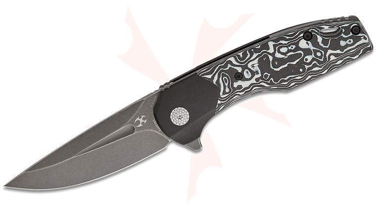 Kansept Knives Cassowary Frame Lock Flipper Knife 2.9 inch S35VN Gray Drop Point Blade, Bolstered Black Titanium Handles with Black/White Carbon Fiber Inlays