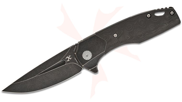 Kansept Knives Cassowary Frame Lock Flipper Knife 2.9 inch S35VN Black Stonewashed Drop Point Blade, Bolstered Black Titanium Handles with Black Rose Carbon Fiber Inlays