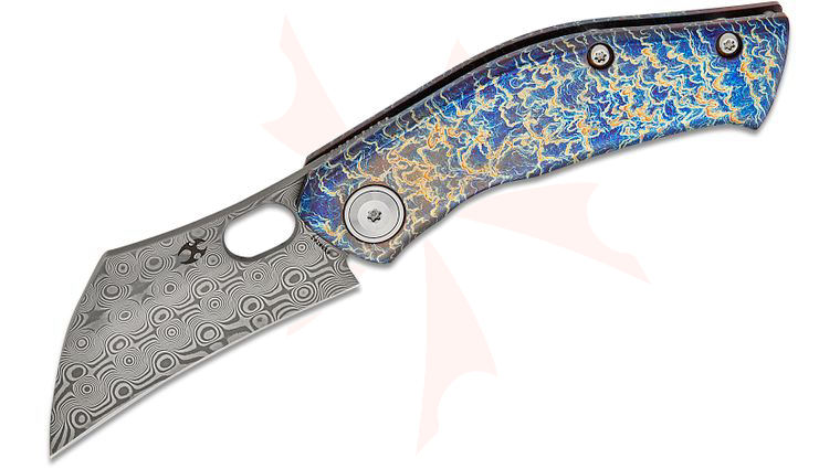 Kansept Knives Jonathan Shaw Osprey Frame Lock Front Flipper Knife 2.23 inch Damascus Hawkbill Blade, Lightning Strike Titanium Handles