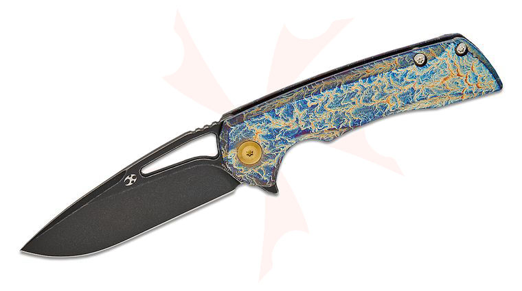 Kansept Knives Mini Kryo Flipper Knife 2.94 inch CPM-S35VN Black Stonewashed Drop Point Blade, Lightning Strike Titanium Handles