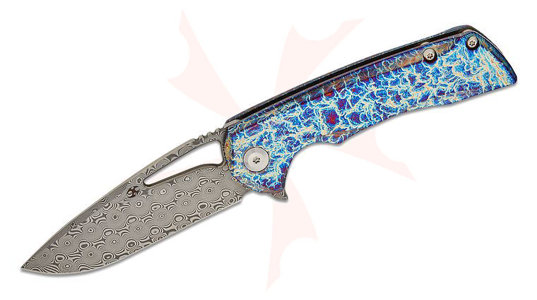 Kansept Knives Mini Kryo Flipper Knife 2.94 inch Damascus Drop Point Blade, Lightning Strike Titanium Handles