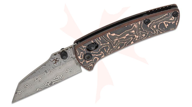 Kansept Knives Dirk Pinkerton Little Main Street Crossbar Lock Folding Knife 2.26 inch Damascus Wharncliffe Blade, Copper Carbon Fiber Handles
