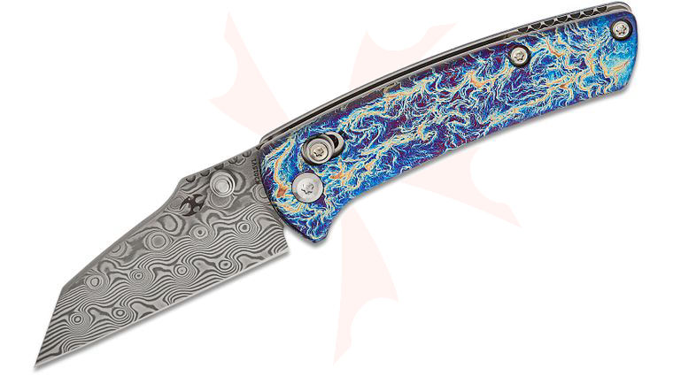 Kansept Knives Dirk Pinkerton Little Main Street Crossbar Lock Folding Knife 2.26 inch Damascus Wharncliffe Blade, Lightning Strike Titanium Handles
