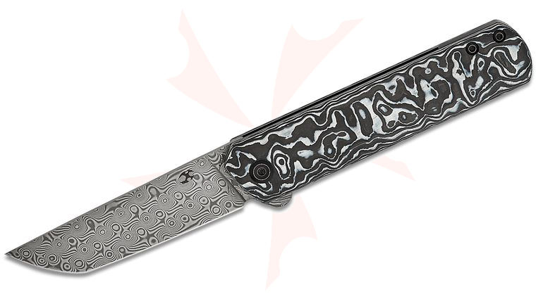 Kansept Knives Foosa Slipjoint Flipper Knife 3.06 inch Damascus Tanto Blade, Black/White Carbon Fiber Handles, Nylon Pouch