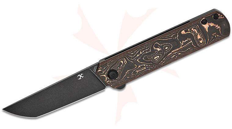 Kansept Knives Foosa Slipjoint Flipper Knife 3.06 inch S35VN Black Stonewashed Tanto Blade, Copper Carbon Fiber Handles, Nylon Pouch