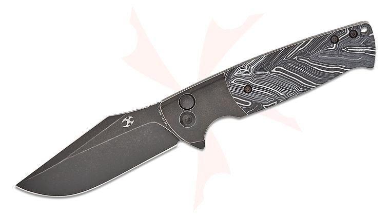 Kansept Knives Shikari SBL Button Lock Flipper Knife 3.56 inch S35VN Black Stonewashed Clip Point Blade, Bolstered Black Stonewashed Titanium Handles with Black/White G-Mascus Inlays