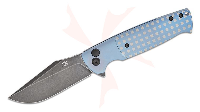 Kansept Knives Shikari SBL Button Lock Flipper Knife 3.56 inch S35VN Black Stonewashed Clip Point Blade, Bolstered Blue Titanium Handles with Blue/White Square Titanium Inlays