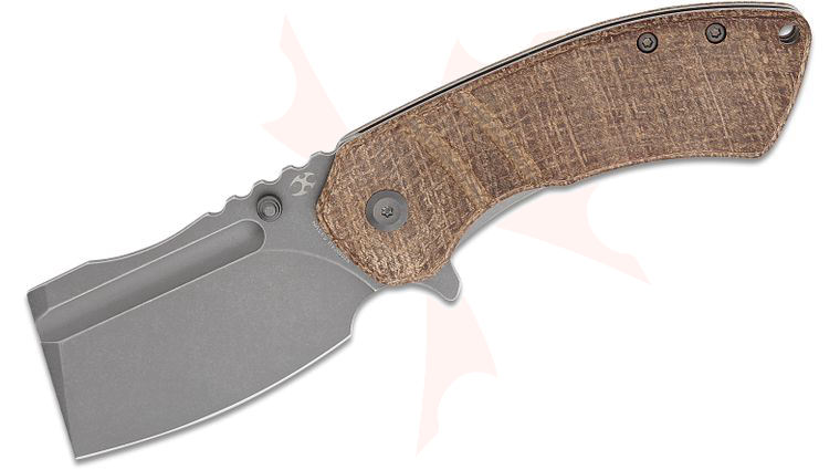 Kansept Knives Korvid M&plus; Liner Lock Flipper Knife 3.07 inch 154CM Gray Stonewashed Cleaver Blade, Brown Burlap Micarta Handles