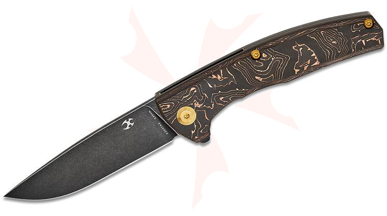 Kansept Knives AGI Frame Lock Flipper Knife 2.94 inch S35VN Black Stonewashed Drop Point Blade, Copper Carbon Fiber and Black Stonewashed Titanium Handles