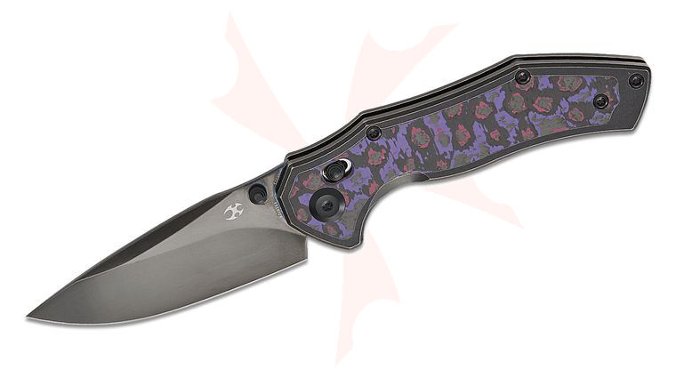 Kansept Knives Apollo Crossbar Folding Knife 3.11 inch CPM-S35VN Mirror DLC Drop Point Blade, Black Stonewashed Titanium Handles with Purple Haze FatCarbon Inlays