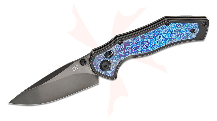 Kansept Knives Apollo Crossbar Folding Knife 3.11 inch CPM-S35VN Mirror DLC Drop Point Blade, Black Stonewashed Titanium Handles with Timascus Inlays
