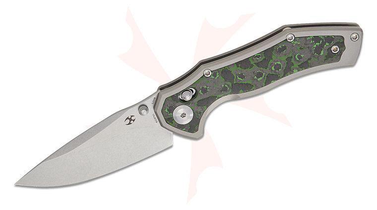 Kansept Knives Apollo Crossbar Folding Knife 3.11 inch CPM-S35VN Stonewashed Drop Point Blade, Titanium Handles with Jungle Wear FatCarbon Inlays