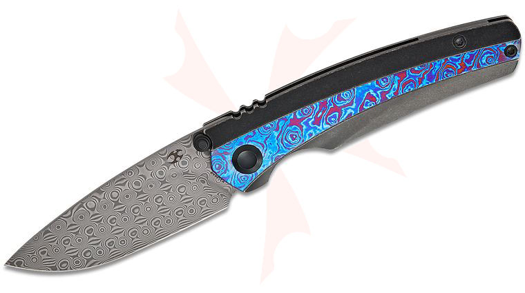 Kansept Knives Raven Frame Lock Folding Knife 3.13 inch Damascus Drop Point Blade, Black Stonewashed Titanium Handles with Timascus Inlays