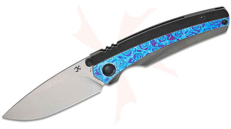 Kansept Knives Raven Frame Lock Folding Knife 3.13 inch CPM-20CV Stonewashed Drop Point Blade, Black Stonewashed Titanium Handles with Timascus Inlays