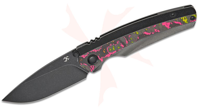 Kansept Knives Raven Frame Lock Folding Knife 3.13 inch CPM-20CV Black Stonewashed Drop Point Blade, Black Stonewashed Titanium Handles with Flo Party CamoCarbon Inlays