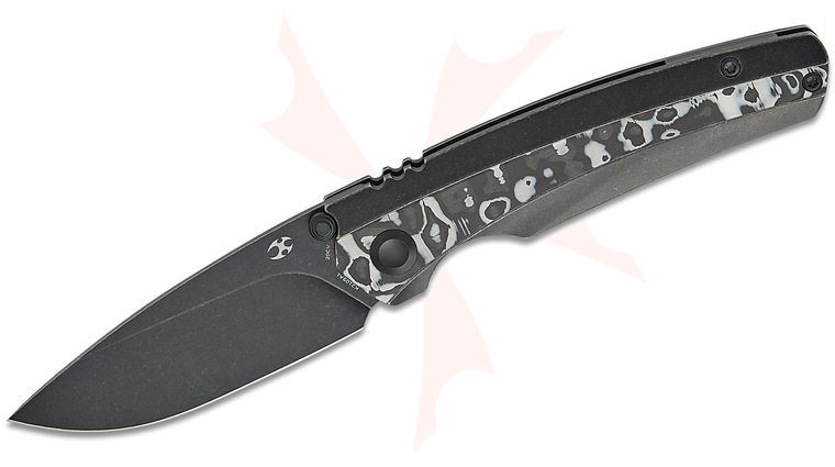 Kansept Knives Raven Frame Lock Folding Knife 3.13 inch CPM-20CV Black Stonewashed Drop Point Blade, Black Stonewashed Titanium Handles with Black/White Nebula Carbon Fiber Inlays