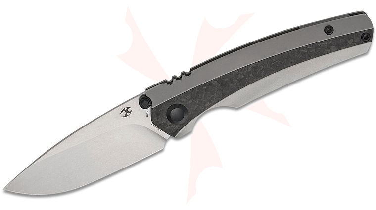 Kansept Knives Raven Frame Lock Folding Knife 3.13 inch CPM-20CV Stonewashed Drop Point Blade, Bead Blasted Titanium Handles with Shred Carbon Fiber Inlays