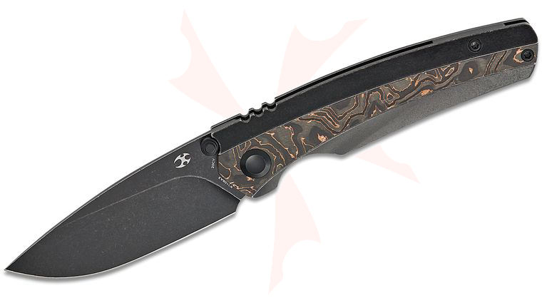 Kansept Knives Raven Frame Lock Folding Knife 3.13 inch CPM-20CV Black Stonewashed Drop Point Blade, Black Stonewashed Titanium Handles with Copper Carbon Fiber Inlays