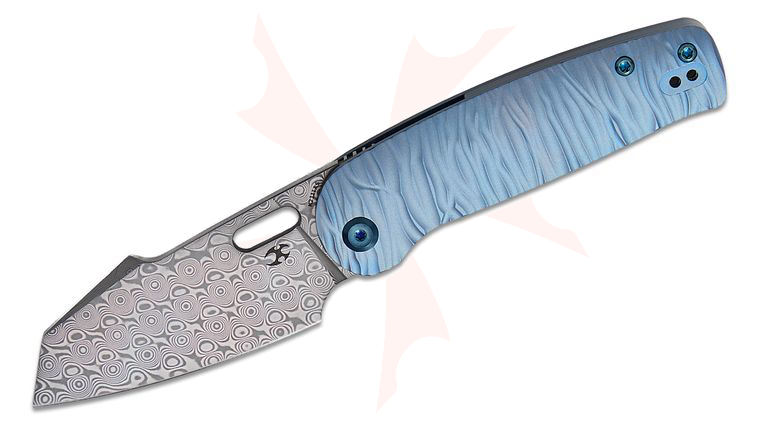 Kansept Knives Terry Cour II Orlok Nested Liner Lock Front Flipper Knife 3.03 inch Damascus Modified Sheepsfoot Blade, Blue Micro Rock Textured Titanium Handles, Reversible Clip