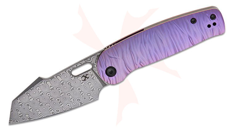 Kansept Knives Terry Cour II Orlok Nested Liner Lock Front Flipper Knife 3.03 inch Damascus Modified Sheepsfoot Blade, Purple Micro Rock Textured Titanium Handles, Reversible Clip