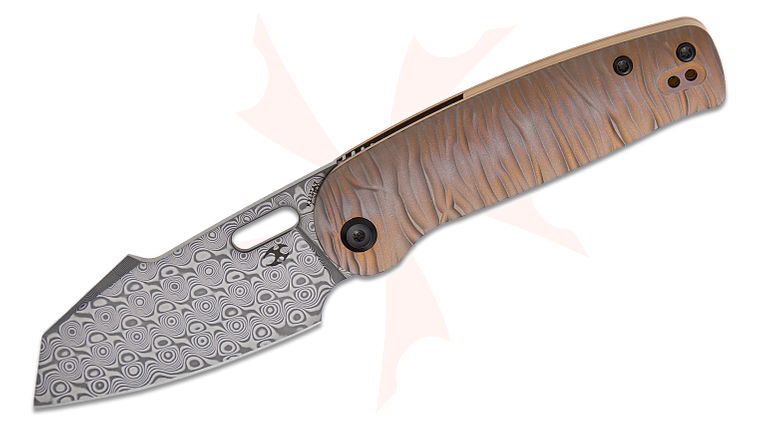 Kansept Knives Terry Cour II Orlok Nested Liner Lock Front Flipper Knife 3.03 inch Damascus Modified Sheepsfoot Blade, Bronze Micro Rock Textured Titanium Handles, Reversible Clip