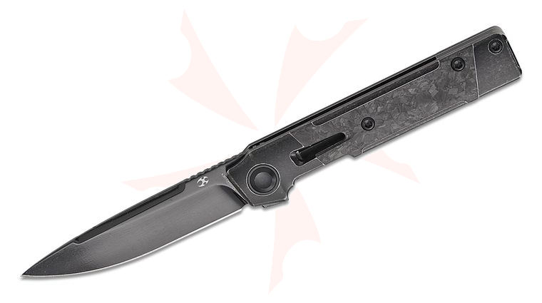 Kansept Knives Kitpu Flipper Knife 2.9 inch CPM-20CV Black Mirror DLC Drop Point Blade, Black Stonewashed Titanium Handles with Shred Carbon Fiber Inlays