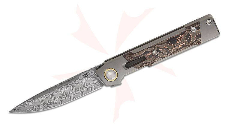 Kansept Knives Kitpu Flipper Knife 2.9 inch Damascus Drop Point Blade, Stonewashed Titanium Handles with Copper Carbon Fiber Inlays