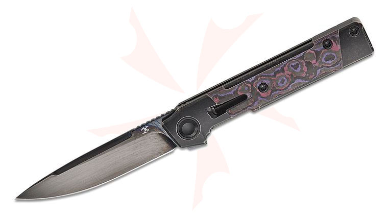 Kansept Knives Kitpu Flipper Knife 2.9 inch CPM-20CV Black Mirror DLC Drop Point Blade, Black Stonewashed Titanium Handles with Purple Haze FatCarbon Inlays