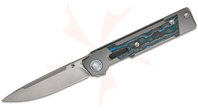 Kansept Knives Kitpu Flipper Knife 2.9 inch CPM-20CV Satin Drop Point Blade, Stonewashed Titanium Handles with Arctic Storm FatCarbon Inlays