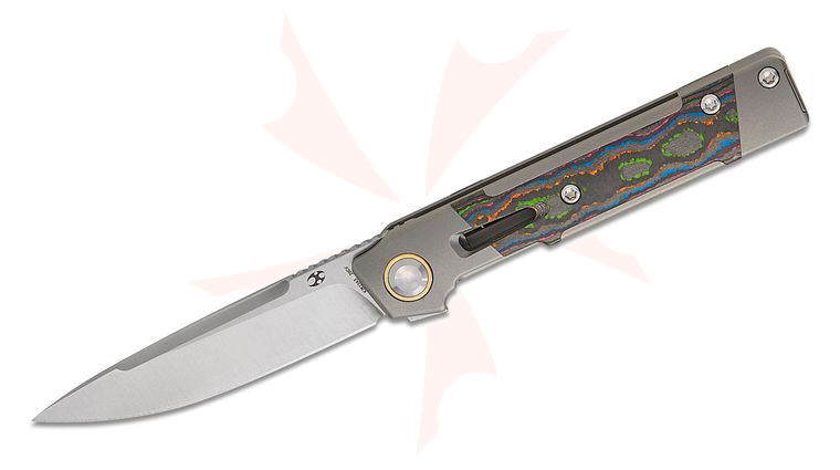 Kansept Knives Kitpu Flipper Knife 2.9 inch CPM-20CV Satin Drop Point Blade, Stonewashed Titanium Handles with 80s CamoCarbon Inlays