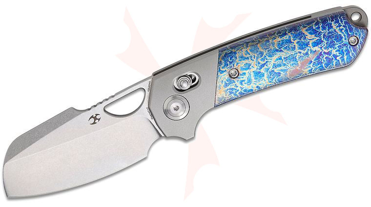 Kansept Knives Javi Garcia Nahual Crossbar Lock Flipper Knife 2.95 inch CPM-MagnaCut Stonewashed Modified Sheepsfoot Blade, Bolstered Bead Blasted Titanium Handles with Lightning Strike Titanium Scales