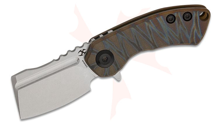 Kansept Knives Mini Korvid Frame Lock Flipper Knife 1.45 inch S35VN Stonewashed Cleaver Blade, Tiger Stripe Flamed Titanium Handles