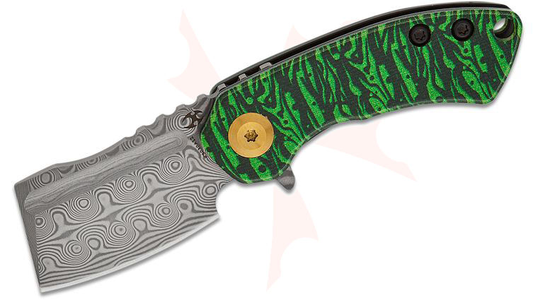Kansept Knives Mini Korvid Liner Lock Flipper Knife 1.45 inch Damascus Cleaver Blade, Watermelon Peel G10 Handles