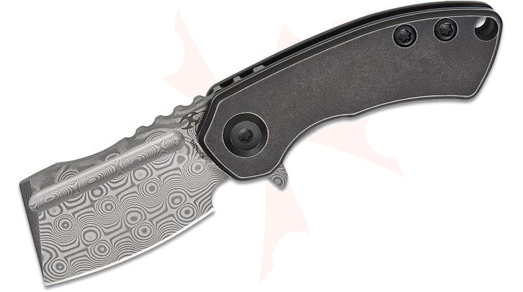 Kansept Knives Mini Korvid Flipper Knife 1.45 inch Damascus Cleaver Blade, Black Stonewashed Titanium Handles